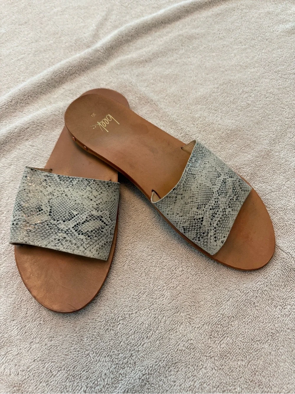 beek Mockingbird Snake-Print Slide Sandals in Tan & Gray
